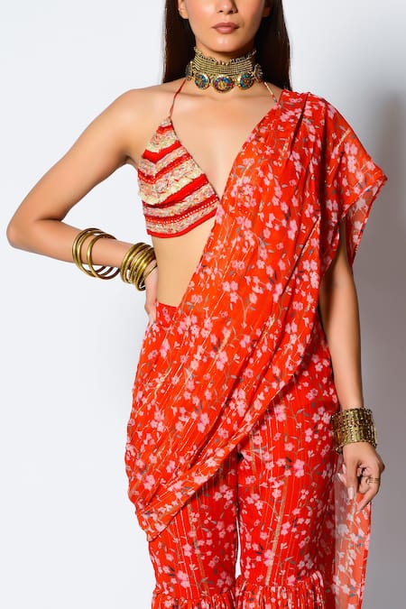 Shop Rishi and Vibhuti Red Crepe And Georgette Floral Motifs & Sequin Halter Sharara Saree With Blouse Online at Aza Fashions Shop_Rishi and Vibhuti_Red Crepe And Georgette Floral Motifs & Sequin Halter Sharara Saree With Blouse _Online_at_Aza_Fashions