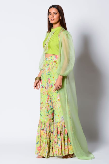 Rishi and Vibhuti_Green Crepe And Organza Floral Print High Sheer Cape & Gharara Set _Online_at_Aza_Fashions
