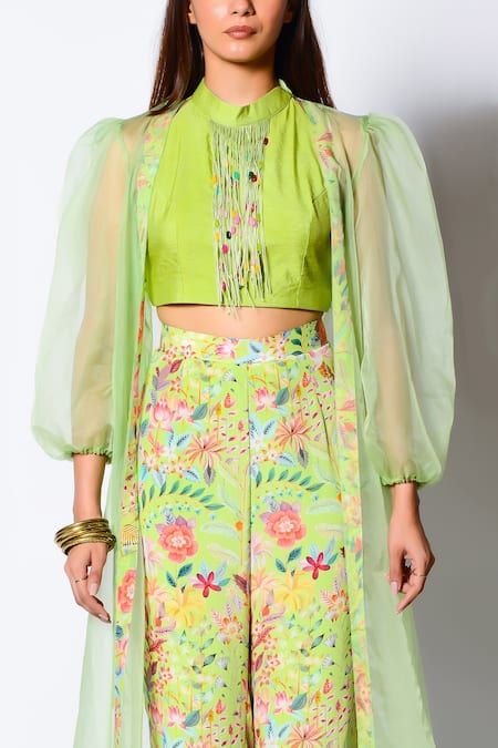 Buy_Rishi and Vibhuti_Green Crepe And Organza Floral Print High Sheer Cape & Gharara Set _Online_at_Aza_Fashions
