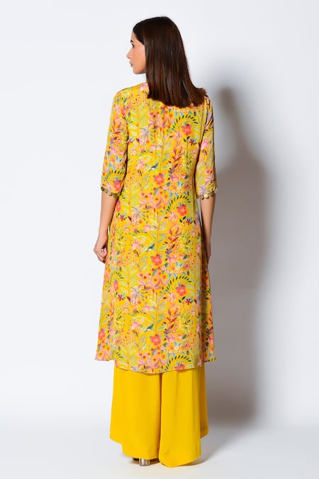 Shop_Rishi and Vibhuti_Yellow Crepe Silk Embellishment And Print Shell & Coins V Alia Kurta & Palazzo Set _at_Aza_Fashions