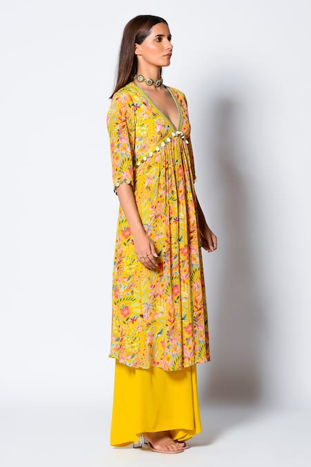 Rishi and Vibhuti_Yellow Crepe Silk Embellishment And Print Shell & Coins V Alia Kurta & Palazzo Set _Online_at_Aza_Fashions