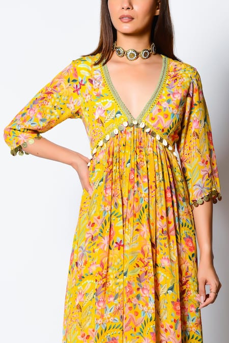 Buy_Rishi and Vibhuti_Yellow Crepe Silk Embellishment And Print Shell & Coins V Alia Kurta & Palazzo Set _Online_at_Aza_Fashions