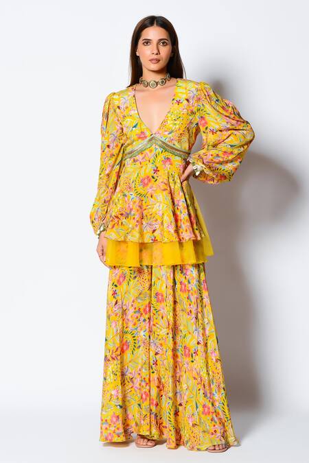 Rishi and Vibhuti Yellow Crepe Print And Embellishment Shell Marigold Peplum Tunic & Flared Pant Set 