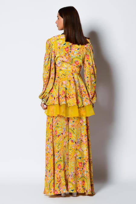Shop_Rishi And Vibhuti_Yellow Crepe Shell V Neck Marigold Peplum Tunic And Flared Pant Set _at_Aza_Fashions