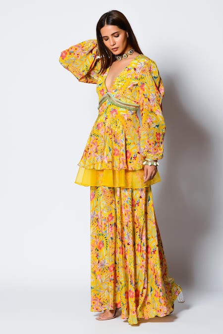 Rishi And Vibhuti_Yellow Crepe Shell V Neck Marigold Peplum Tunic And Flared Pant Set _Online_at_Aza_Fashions