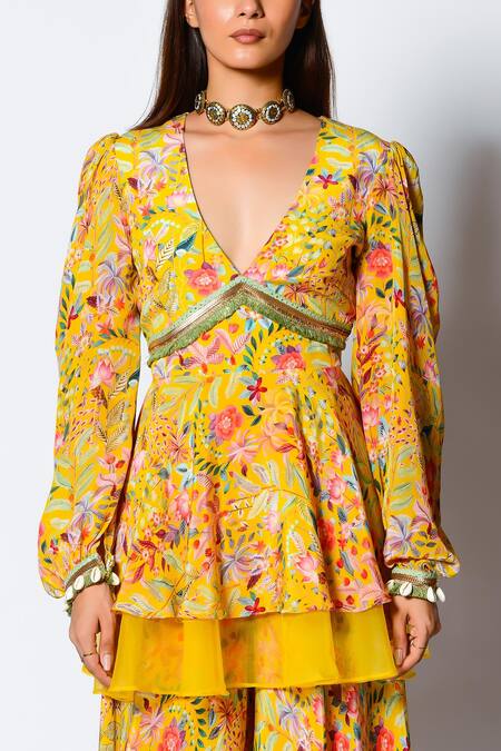 Buy_Rishi And Vibhuti_Yellow Crepe Shell V Neck Marigold Peplum Tunic And Flared Pant Set _Online_at_Aza_Fashions