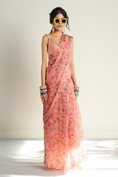 Rishi and Vibhuti Peach Organza Floral Print Saree 