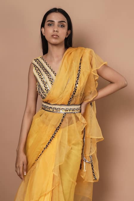 Rishi and Vibhuti_Yellow Organza, Dupion Ruffle Saree With Blouse_Online_at_Aza_Fashions