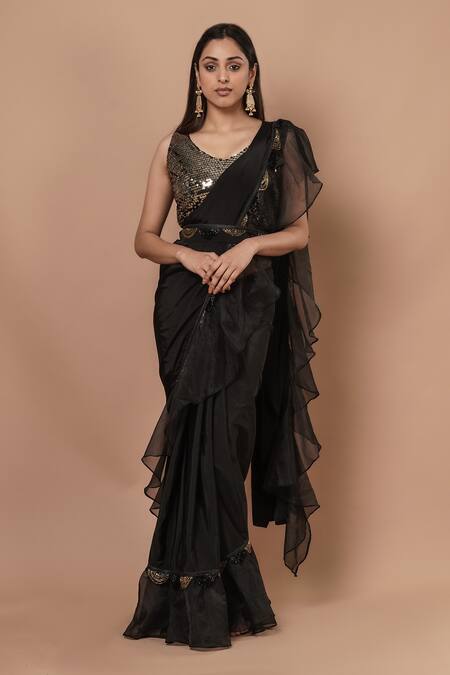 Shop_Rishi And Vibhuti_Black Organza, Net Ruffle Saree With Blouse _at_Aza_Fashions