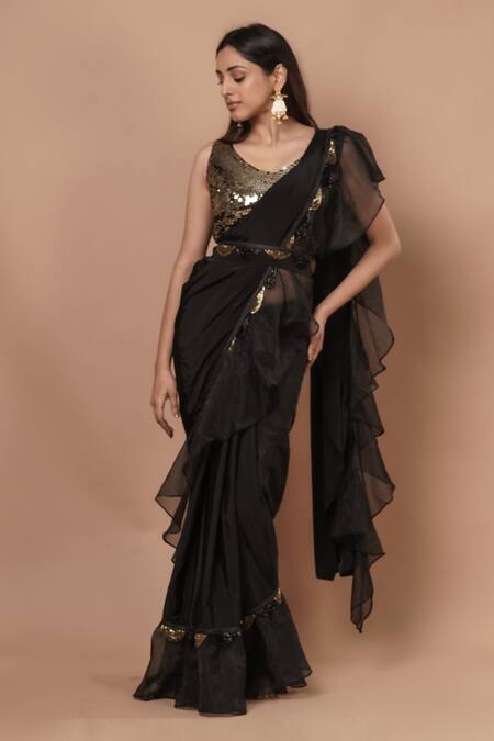 Rishi And Vibhuti_Black Organza, Net Ruffle Saree With Blouse _Online_at_Aza_Fashions