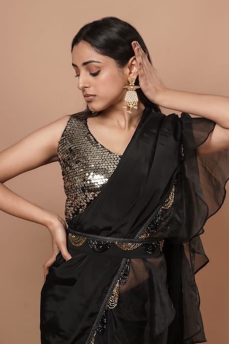 Buy_Rishi And Vibhuti_Black Organza, Net Ruffle Saree With Blouse _Online_at_Aza_Fashions