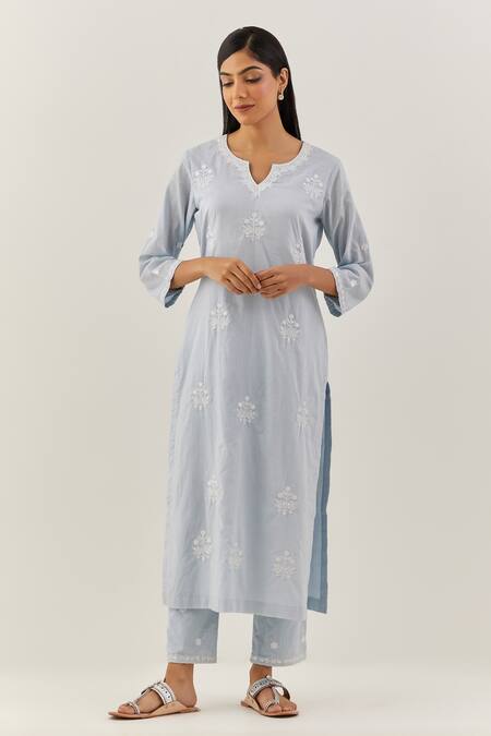 Buy Ikshita Choudhary Blue Cotton Embroidery Floral Notched Kurta Set Online at Aza Fashions Buy_Ikshita Choudhary_Blue Cotton Embroidery Floral Notched Kurta Set_Online_at_Aza_Fashions