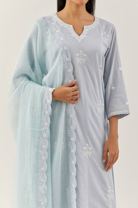 Shop Ikshita Choudhary Blue Cotton Embroidery Floral Notched Kurta Set Online at Aza Fashions Shop_Ikshita Choudhary_Blue Cotton Embroidery Floral Notched Kurta Set_Online_at_Aza_Fashions