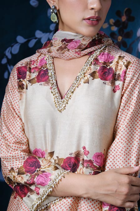 Shop Label Niti Bothra White Chiffon, Chanderi Silk Floral, Lace Work, Tikki Print Kurta Palazzo Set at Aza Fashions Shop_Label Niti Bothra_White Chiffon, Chanderi Silk Floral, Lace Work, Tikki Print Kurta Palazzo Set _at_Aza_Fashions