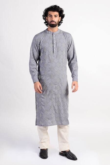 Buy_Rishi and Vibhuti_Grey Kurta Linen Embroidered With Silk Scarf _Online_at_Aza_Fashions