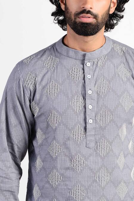 Shop_Rishi and Vibhuti_Grey Kurta Linen Embroidered With Silk Scarf _Online_at_Aza_Fashions