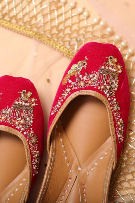 Shop_Kala_Pink Mridula Velvet Bird Embroidered Juttis _Online_at_Aza_Fashions