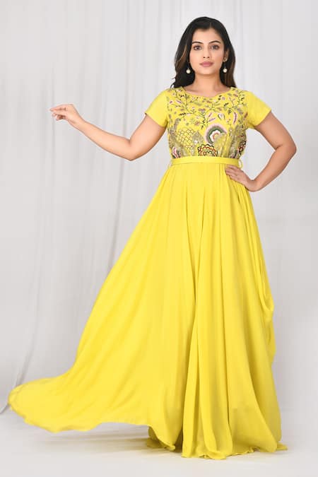 Buy Peach Banana Crepe Embroidery Thread Floral Work Multi Panel Gown For  Women by S & V Designs Online at Aza Fashions.