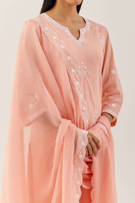 Shop Ikshita Choudhary Peach Cotton Embroidery Floral Notched Kurta Set Online at Aza Fashions Shop_Ikshita Choudhary_Peach Cotton Embroidery Floral Notched Kurta Set_Online_at_Aza_Fashions