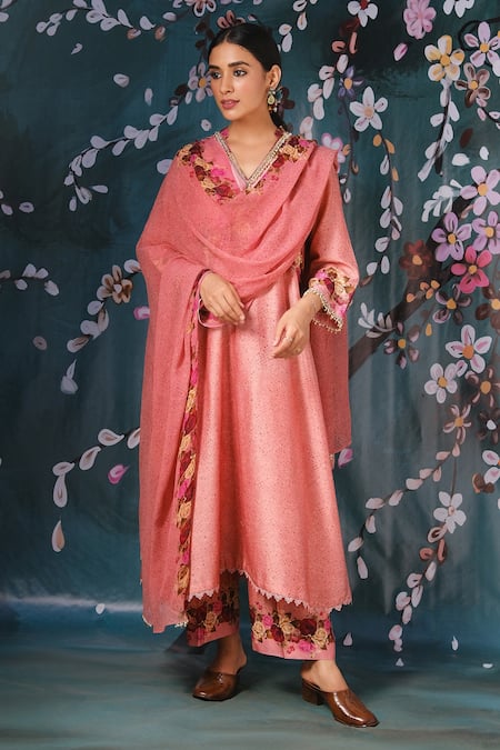 Shop Label Niti Bothra Pink Chiffon, Chanderi Silk Floral, Lace Work, Tikki Print Kurta Palazzo Set at Aza Fashions Shop_Label Niti Bothra_Pink Chiffon, Chanderi Silk Floral, Lace Work, Tikki Print Kurta Palazzo Set _at_Aza_Fashions