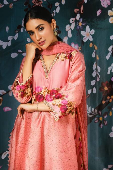 Buy Label Niti Bothra Pink Chiffon, Chanderi Silk Floral, Lace Work, Tikki Print Kurta Palazzo Set Online at Aza Fashions Buy_Label Niti Bothra_Pink Chiffon, Chanderi Silk Floral, Lace Work, Tikki Print Kurta Palazzo Set _Online_at_Aza_Fashions