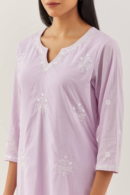 Buy_Ikshita Choudhary_Purple Cotton Embroidery Floral Notched Kurta And Pant Set_Online_at_Aza_Fashions