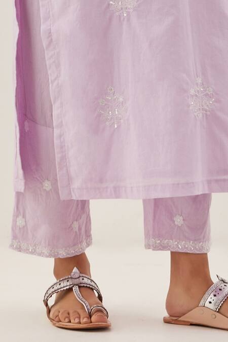 Shop_Ikshita Choudhary_Purple Cotton Embroidery Floral Notched Kurta And Pant Set_Online_at_Aza_Fashions