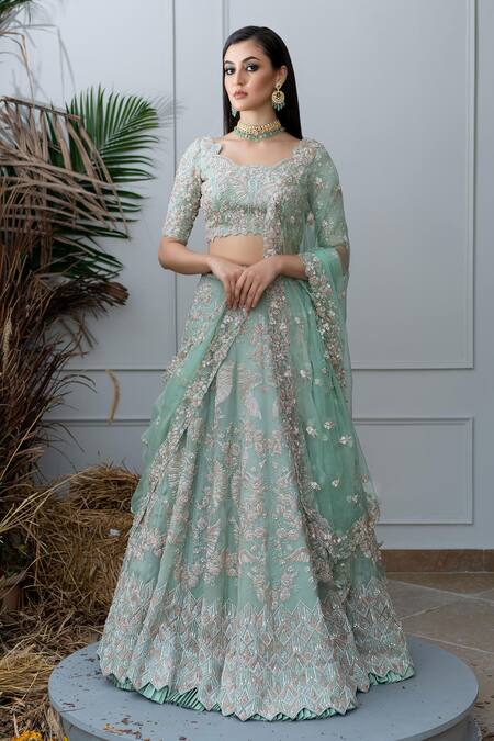 Varun Chakkilam_Green , Light Boat Hand Embroidered Bridal Lehenga Set _Online_at_Aza_Fashions