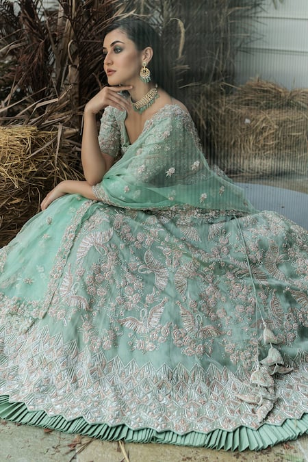 Shop_Varun Chakkilam_Green , Light Boat Hand Embroidered Bridal Lehenga Set _Online_at_Aza_Fashions