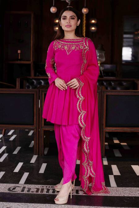 Vasavi Shah Pink Bamberg Silk Embroidered Gota Patti Boat Neck Anarkali Dhoti Set 
