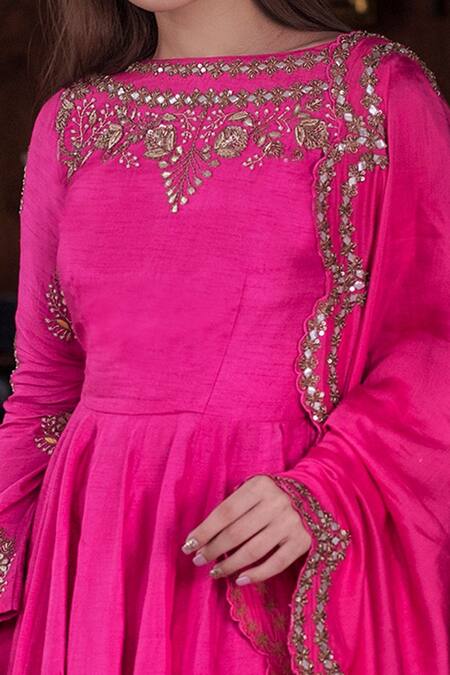 Shop_Vasavi Shah_Pink Bamberg Silk Embroidered Gota Patti Boat Neck Anarkali Dhoti Set  _Online_at_Aza_Fashions