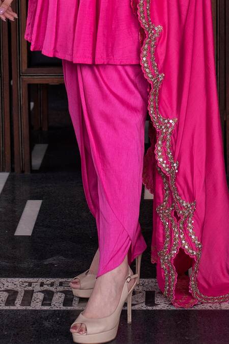 Vasavi Shah_Pink Bamberg Silk Embroidered Gota Patti Boat Neck Anarkali Dhoti Set  _at_Aza_Fashions