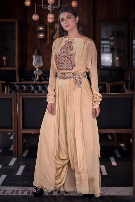 Shop Vasavi Shah Beige Chiffon, Silk, Satin, Chinon Embroidered Jacket Dhoti Set at Aza Fashions Shop_Vasavi Shah_Beige Chiffon, Silk, Satin, Chinon Embroidered Jacket Dhoti Set_at_Aza_Fashions