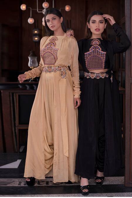 Vasavi Shah Beige Chiffon, Silk, Satin, Chinon Embroidered Jacket Dhoti Set Online at Aza Fashions Vasavi Shah_Beige Chiffon, Silk, Satin, Chinon Embroidered Jacket Dhoti Set_Online_at_Aza_Fashions