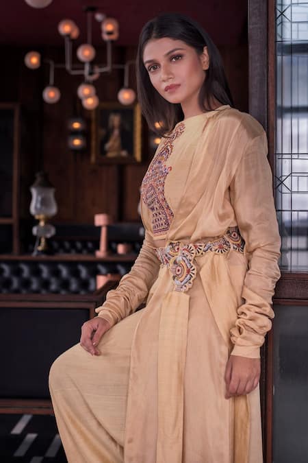 Shop Vasavi Shah Beige Chiffon, Silk, Satin, Chinon Embroidered Jacket Dhoti Set Online at Aza Fashions Shop_Vasavi Shah_Beige Chiffon, Silk, Satin, Chinon Embroidered Jacket Dhoti Set_Online_at_Aza_Fashions