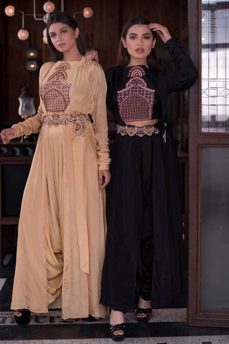 Vasavi Shah_Black Chiffon, Silk, Satin, Chinon Embroidered Jacket Dhoti Set_Online_at_Aza_Fashions
