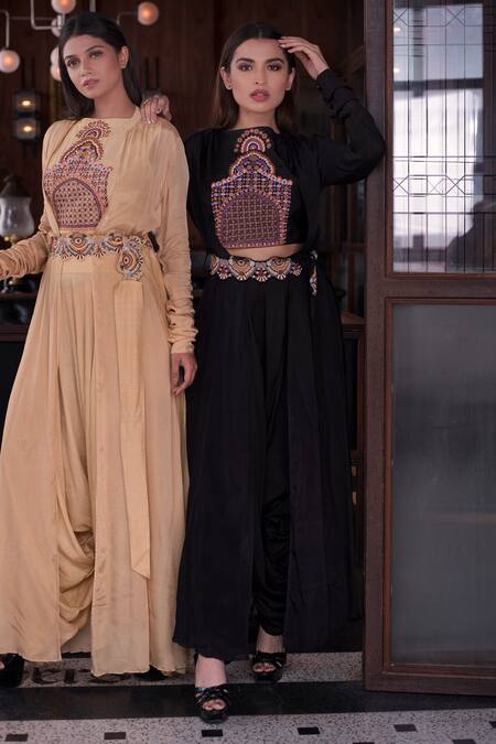 Buy_Vasavi Shah_Black Chiffon, Silk, Satin, Chinon Embroidered Jacket Dhoti Set_Online_at_Aza_Fashions