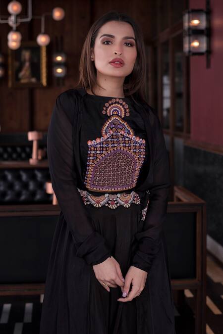 Shop_Vasavi Shah_Black Chiffon, Silk, Satin, Chinon Embroidered Jacket Dhoti Set_Online_at_Aza_Fashions