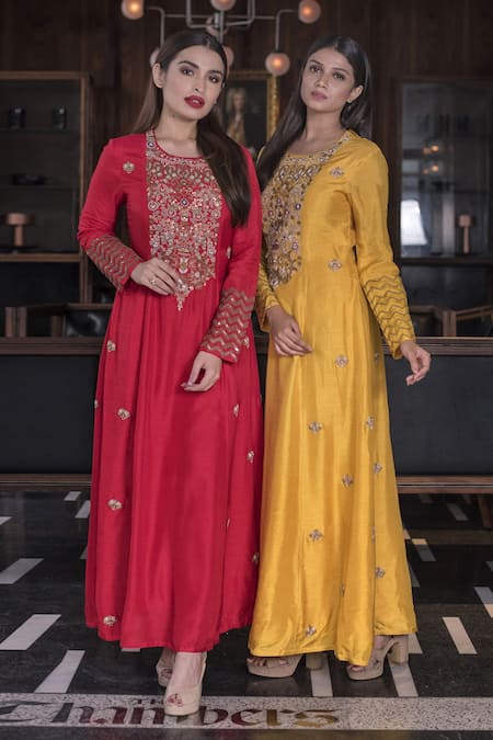 Shop Vasavi Shah Yellow Bamberg Silk Sequins, Thread , Zardozi Embroidered A-line Kurta at Aza Fashions Shop_Vasavi Shah_Yellow Bamberg Silk Sequins, Thread , Zardozi Embroidered A-line Kurta_at_Aza_Fashions