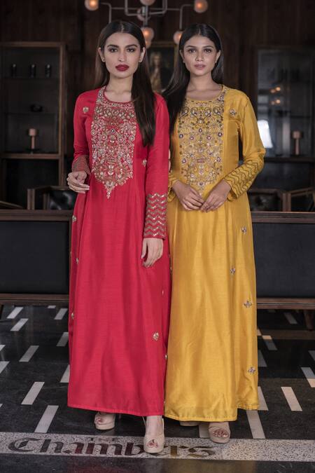 Vasavi Shah Yellow Bamberg Silk Sequins, Thread , Zardozi Embroidered A-line Kurta Online at Aza Fashions Vasavi Shah_Yellow Bamberg Silk Sequins, Thread , Zardozi Embroidered A-line Kurta_Online_at_Aza_Fashions