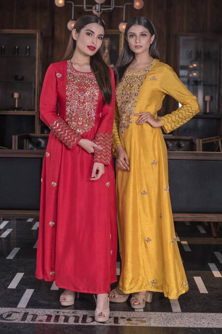 Buy Vasavi Shah Yellow Bamberg Silk Sequins, Thread , Zardozi Embroidered A-line Kurta Online at Aza Fashions Buy_Vasavi Shah_Yellow Bamberg Silk Sequins, Thread , Zardozi Embroidered A-line Kurta_Online_at_Aza_Fashions