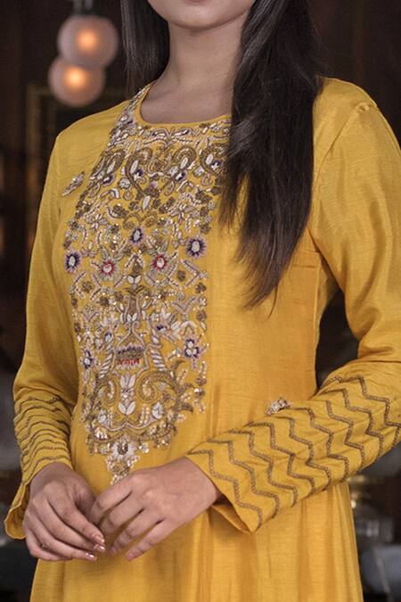 Shop Vasavi Shah Yellow Bamberg Silk Sequins, Thread , Zardozi Embroidered A-line Kurta Online at Aza Fashions Shop_Vasavi Shah_Yellow Bamberg Silk Sequins, Thread , Zardozi Embroidered A-line Kurta_Online_at_Aza_Fashions