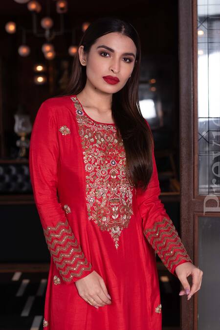 Shop_Vasavi Shah_Red Bamberg Silk Embroidered Zardozi Work Round A-line Kurta  _at_Aza_Fashions