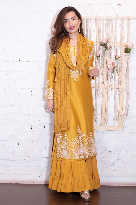 Shop Vasavi Shah Yellow Bamberg Silk Embroidered Aari Work Round Kurta Sharara Set at Aza Fashions Shop_Vasavi Shah_Yellow Bamberg Silk Embroidered Aari Work Round Kurta Sharara Set _at_Aza_Fashions