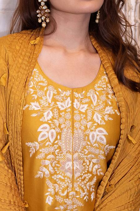 Buy Vasavi Shah Yellow Bamberg Silk Embroidered Aari Work Round Kurta Sharara Set Online at Aza Fashions Buy_Vasavi Shah_Yellow Bamberg Silk Embroidered Aari Work Round Kurta Sharara Set _Online_at_Aza_Fashions