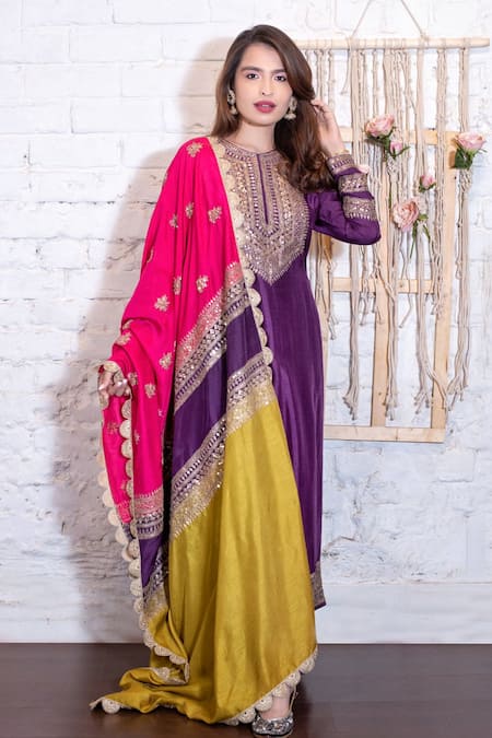 Vasavi Shah Purple Bamberg Silk Embroidered Dori Work Round Anarkali Set 