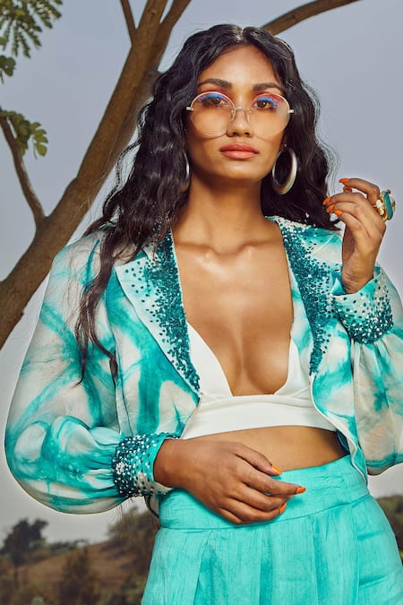 Buy_Babita Malkani_Blue Silk, Organza, Banana Crepe Jacket Lapel Tie Dye And Pant Set_Online_at_Aza_Fashions