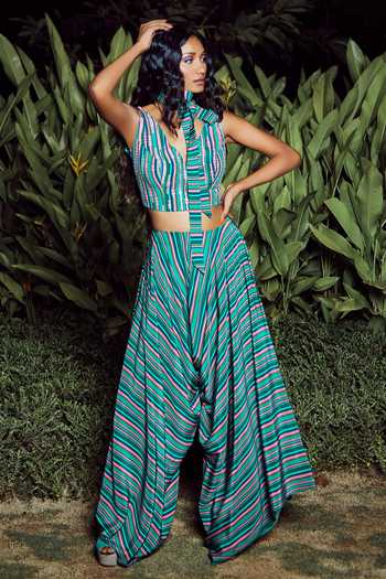 Babita Malkani_Green Silk, Crepe V Neck Printed Crop Top And Pant Set_Online_at_Aza_Fashions
