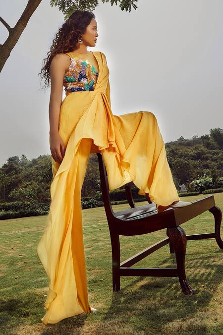 Babita Malkani_Yellow Net, Flat Chiffon, Italian Crepe Round Draped Embellished Jumpsuit_Online_at_Aza_Fashions