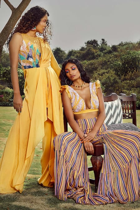 Babita Malkani_Yellow Net, Flat Chiffon, Italian Crepe Round Draped Embellished Jumpsuit_at_Aza_Fashions